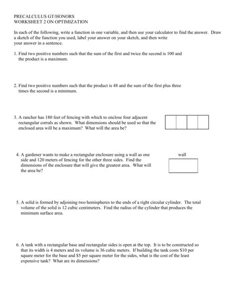Image result for Calculous Optimization Problems Worksheet