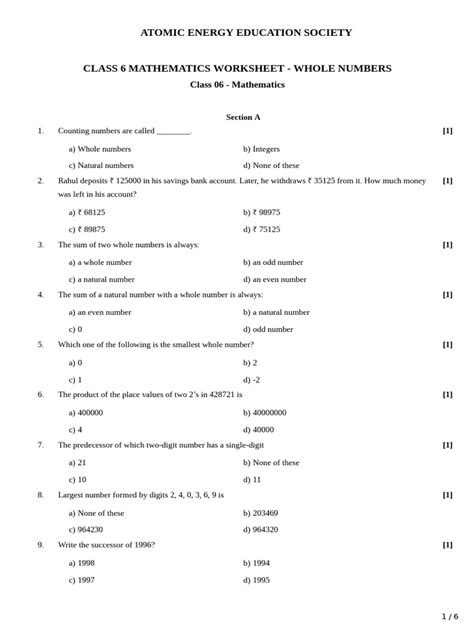 Image result for Worksheet of Whole Numbers for Class 6