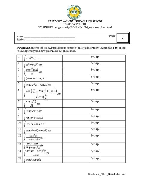 Integration by Substitution Trigonometric Functions Worksheet with Answers に対する画像結果