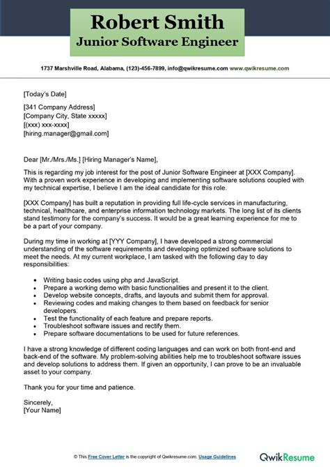 Image result for Example of Junior Software Developer Cover Letter