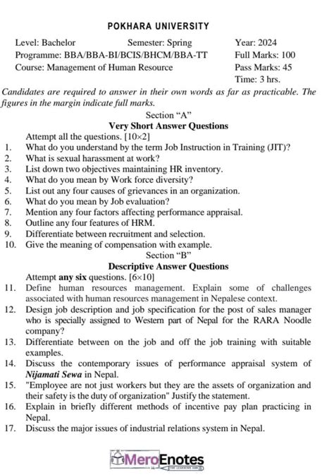 Toradh íomhá ar Question Paper BBA Human Resource Management