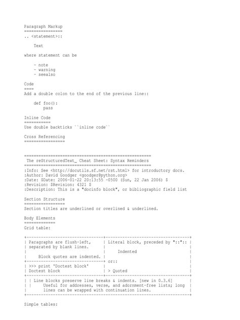 Image result for Rst Syntax Cheat Sheet