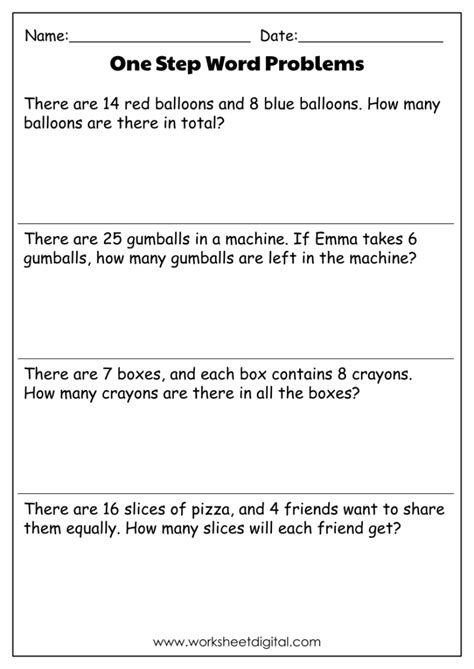 Toradh íomhá ar Free Printable One Step Word Problems