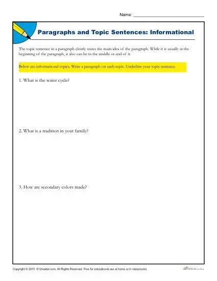 Toradh íomhá ar Topic Sentence Paragraph Worksheet