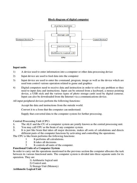 Block Diagram of Digital Computer: Central Processing Unit (CPU) 1. 2 ...