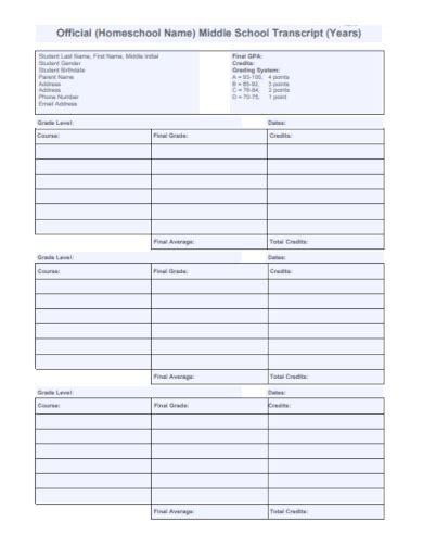 Fillable Middle School Transcript に対する画像結果