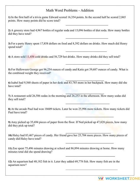 Addition 5 Digits Worksheet