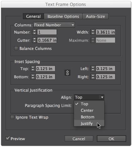 Image result for InDesign Text Framedialog Box