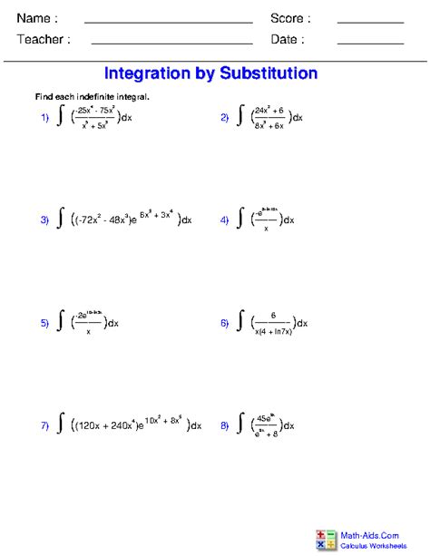 Toradh íomhá ar Integrals Worksheet with Answers PDF