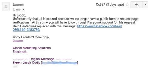 Image result for Facebook Verification Support Message Example