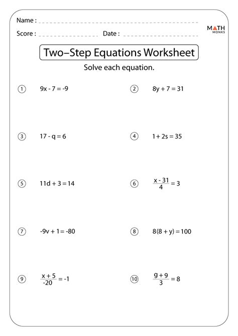 Image result for Solve 2 Step Linear Equations Work Sheet