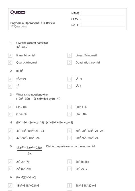 Toradh íomhá ar Operations of Polynomials Worksheet Activity