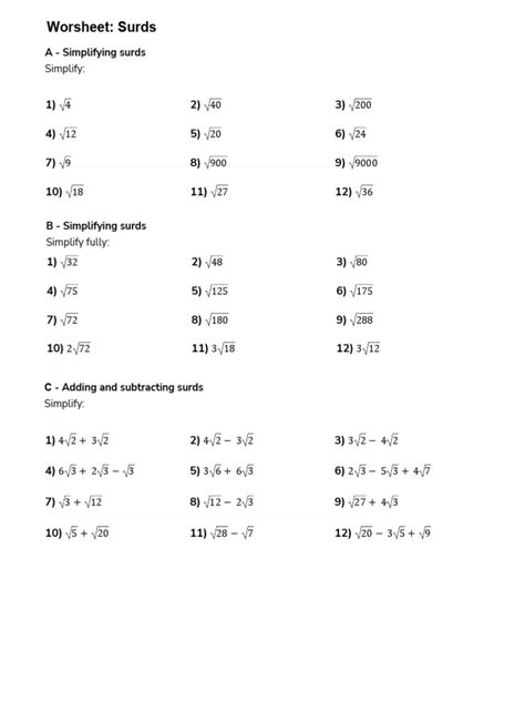 Image result for Simplifying Surds Worksheet