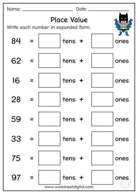 Toradh íomhá ar Place Value Matching Worksheet
