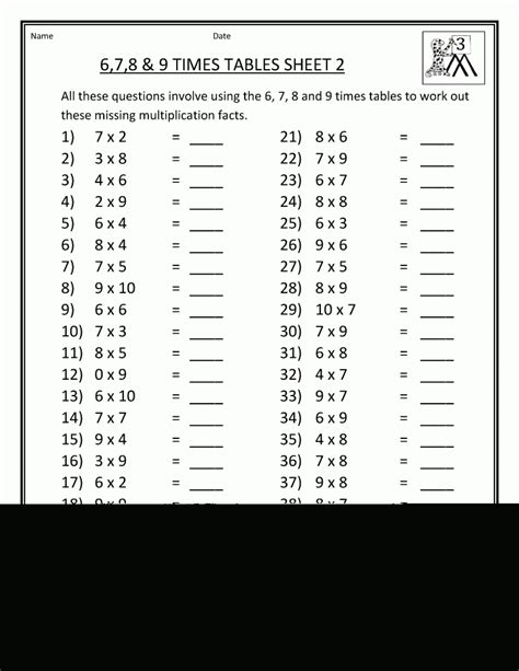 6-9 Multiplication Facts Worksheets に対する画像結果
