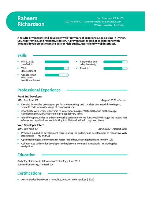 Image result for Front End Developer Resume Examples