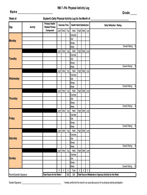 Toradh íomhá ar Example of Wellworks Physical Activity Log
