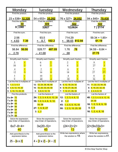 Image result for 3rd Grade Weekly Homework Sheet Answer Key