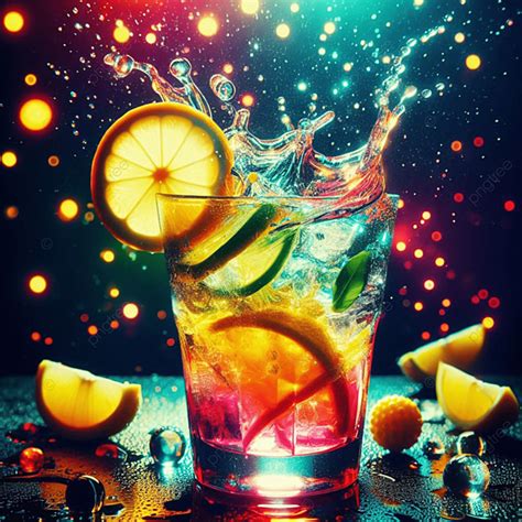 Cocktail Drinks Splashing In Glass On A Colorful Neon Light Background ...