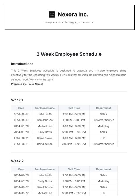 Image result for Printable 2 Week Work Schedule