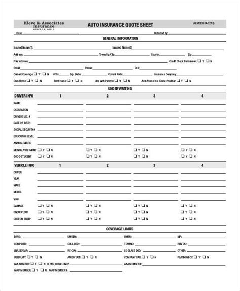 Image result for Auto Insurance Quote Sheet Template