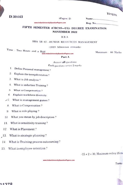 Toradh íomhá ar Question Paper BBA Human Resource Management