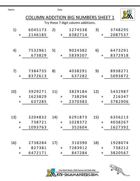 Afbeeldingsresultaten voor Column Addition Big Numbers Worksheets