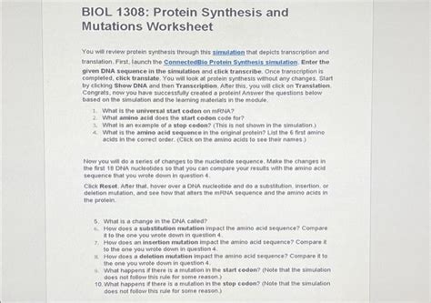 Image result for Protein Synthesis Mutations Worksheet