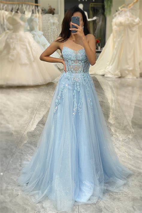 Queendancer Women Light Blue Long Formal Dress A Line Corset Appliqued ...