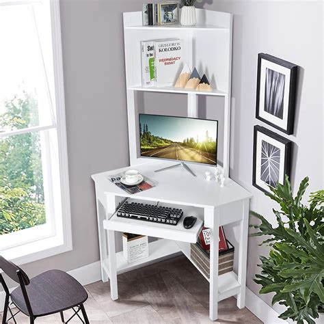 Amazon.com: Tangkula White Corner Desk with Hutch, 90 Degrees Triangle ...