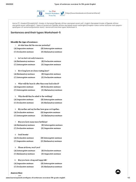 Image result for Types of Sentences Worksheet for Class 5