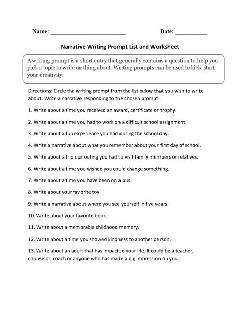 Narrative Writing Prompts Worksheet に対する画像結果
