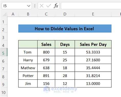 Image result for How to Create a Division Formula Excel