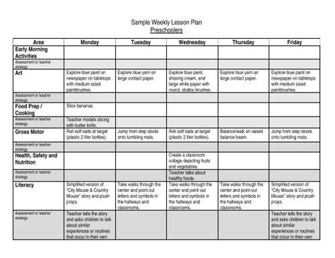 Image result for Weekly Lesson Plan for Preschool Sample