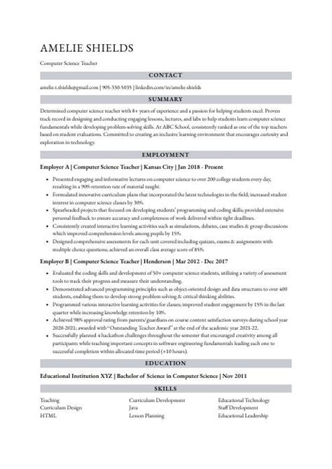Image result for Computer Science Instructor Work History Template