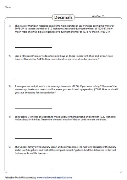 Toradh íomhá ar Decimal Word Problems Worksheet for Class 5