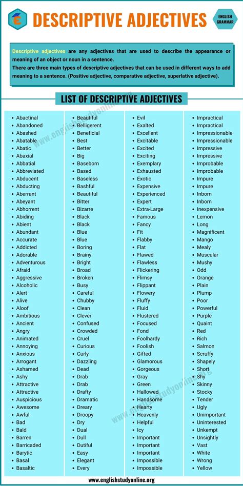 Afbeeldingsresultaten voor Descriptive Adjectives List