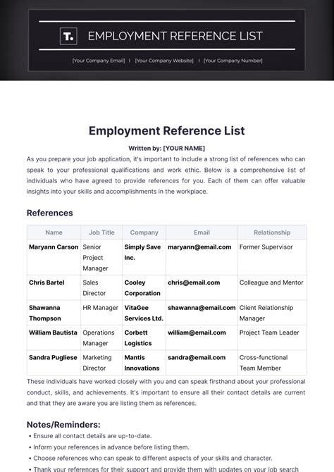 Image result for Work Reference List Template