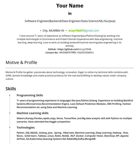 Image result for Data Science Machine Learning Engineer Resume