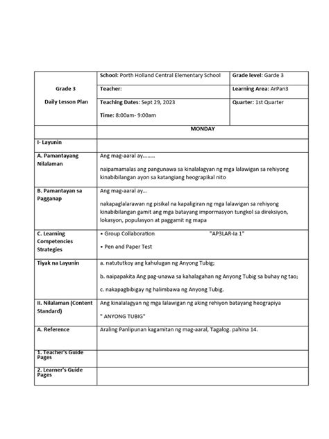 Toradh íomhá ar Daily Lesson Plan Sample