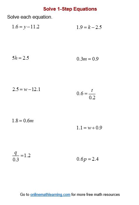 Image result for One Step Equations with Decimals and Fractions Worksheet