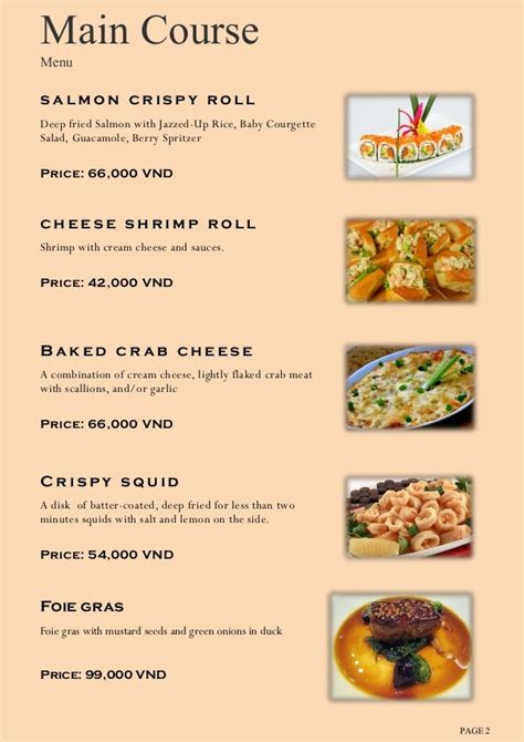 Image result for Example of Main Course in a Menu