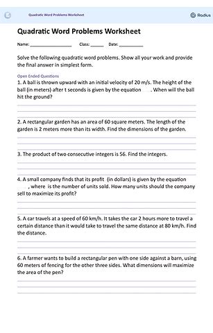 Image result for Quadratic Word Problems Worksheet PDF