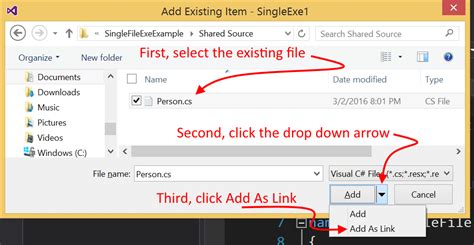 Toradh íomhá ar Visual Studio Add as Link