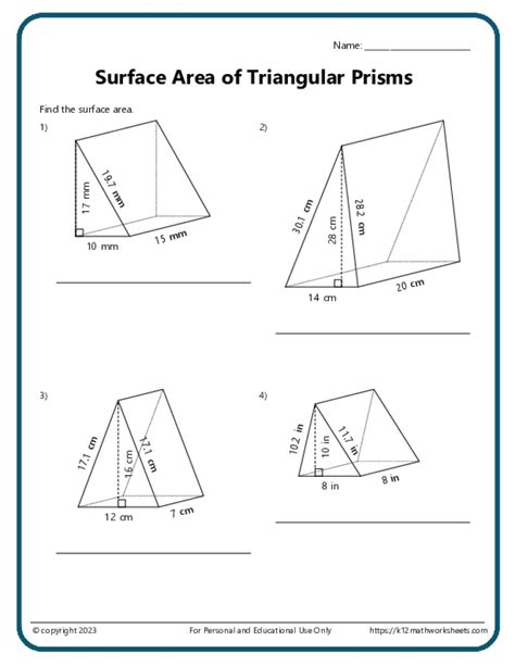 Volume and Surface Area of Triangular Prisms - K12 Math Worksheets