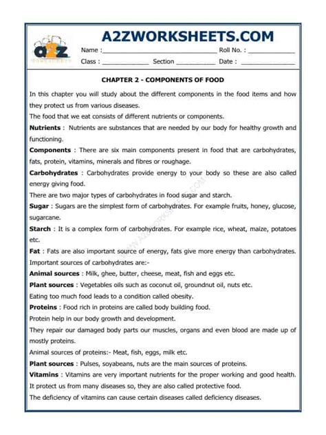 Class 6 Science Components of Food Worksheet に対する画像結果