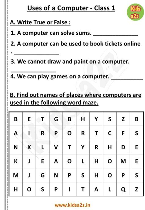 Image result for Class 1 Computer Worksheet with Answers
