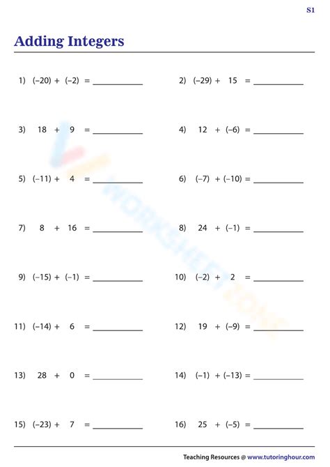 Toradh íomhá ar Worksheet About Integers