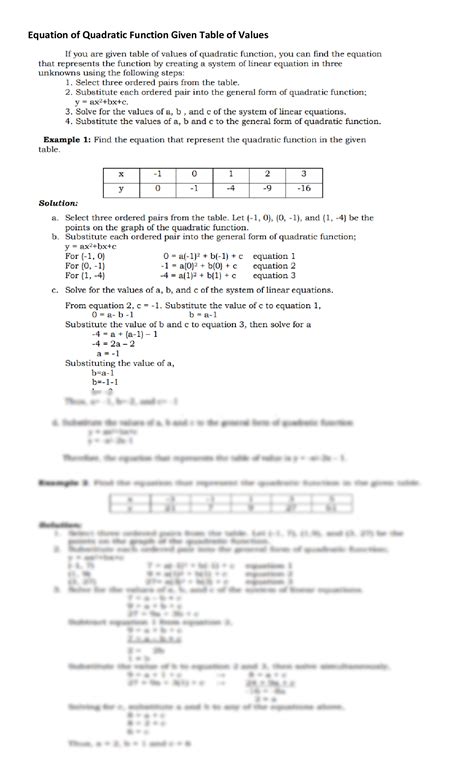 Image result for Table of Values of Quadratic Function