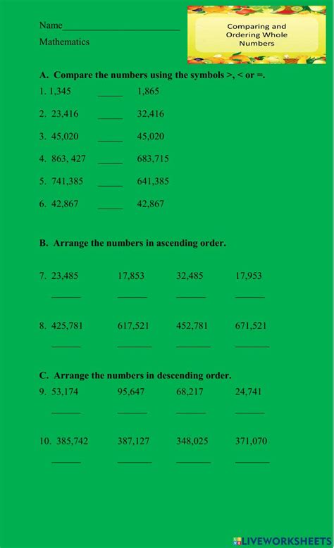 Toradh íomhá ar Compare and Order Whole Numbers Worksheet